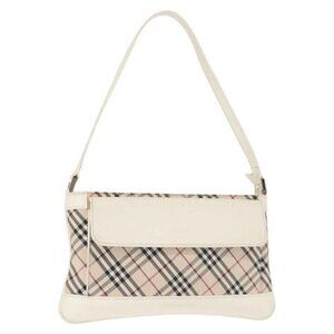 BURBERRY Nova Check Shoulder Bag Canvas Leather White Silver Auth BA6464